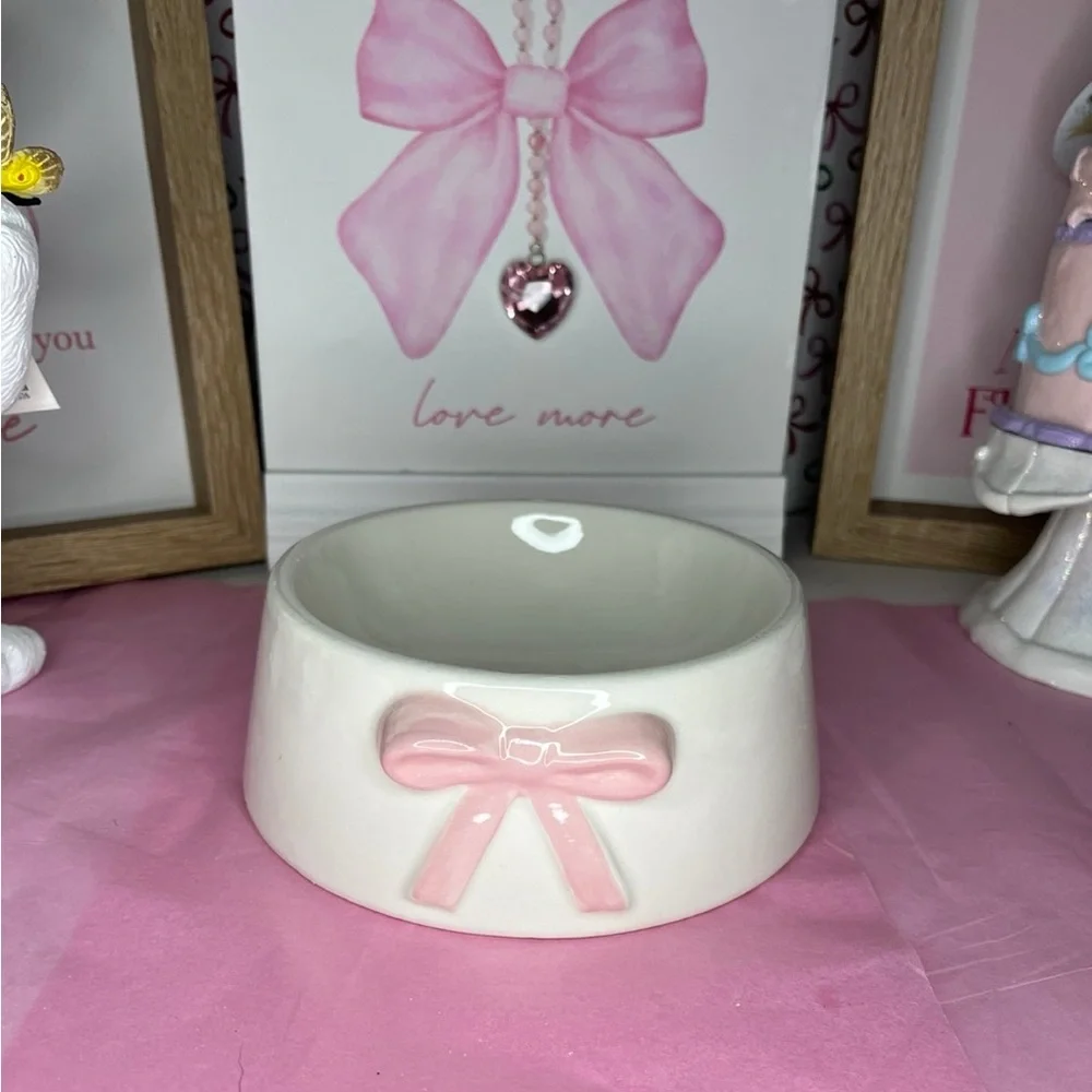 Ceramic Pet Bowl with Pink Bow